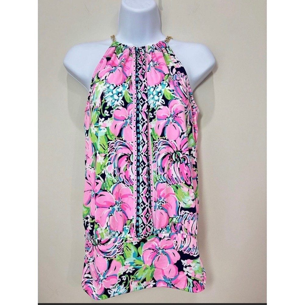 Lilly Pulitzer Pink Floral Halter Top Gold Chain Neck Blouson Blouse XXS